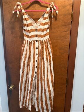 ASOS Rust and Cream Striped Tie-Shoulder Midi Dress